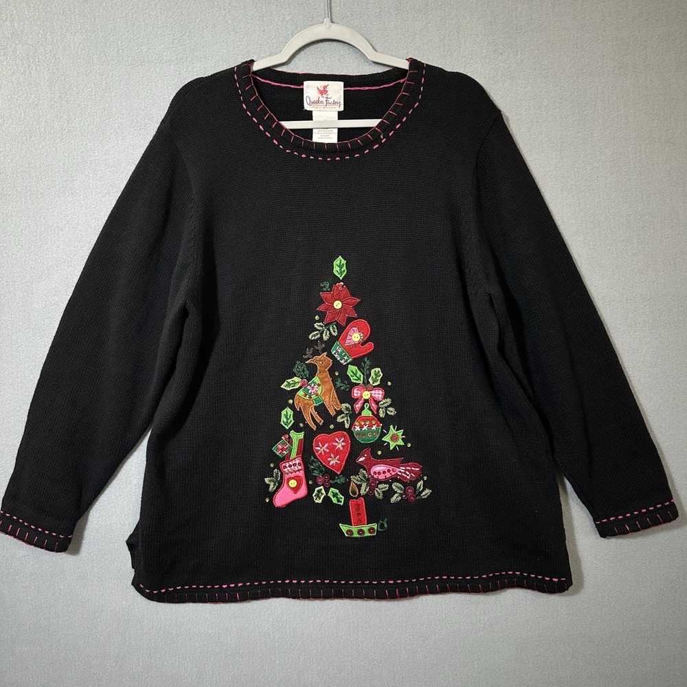 Quaker Factory Christmas Holiday Embellished Sweater Women's 1X Black READ